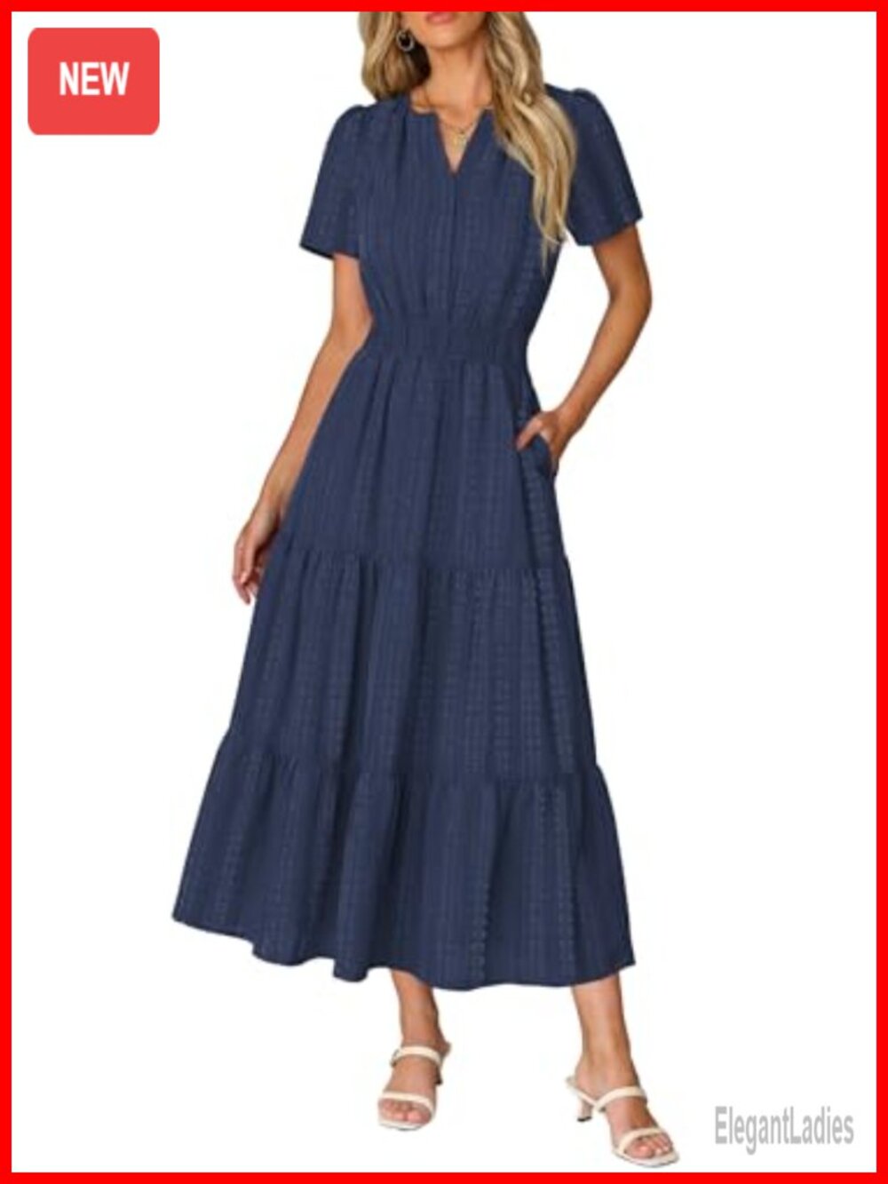 Womens Summer Midi Maxi Dress Short Sleeve V-Neck Pockets Vacation